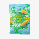 Blue and Yellow bag of Bon Bon Swedish Fish in Sour Elderflower on a white background