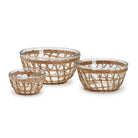 Three rattan wrapped glass bowls on a white background