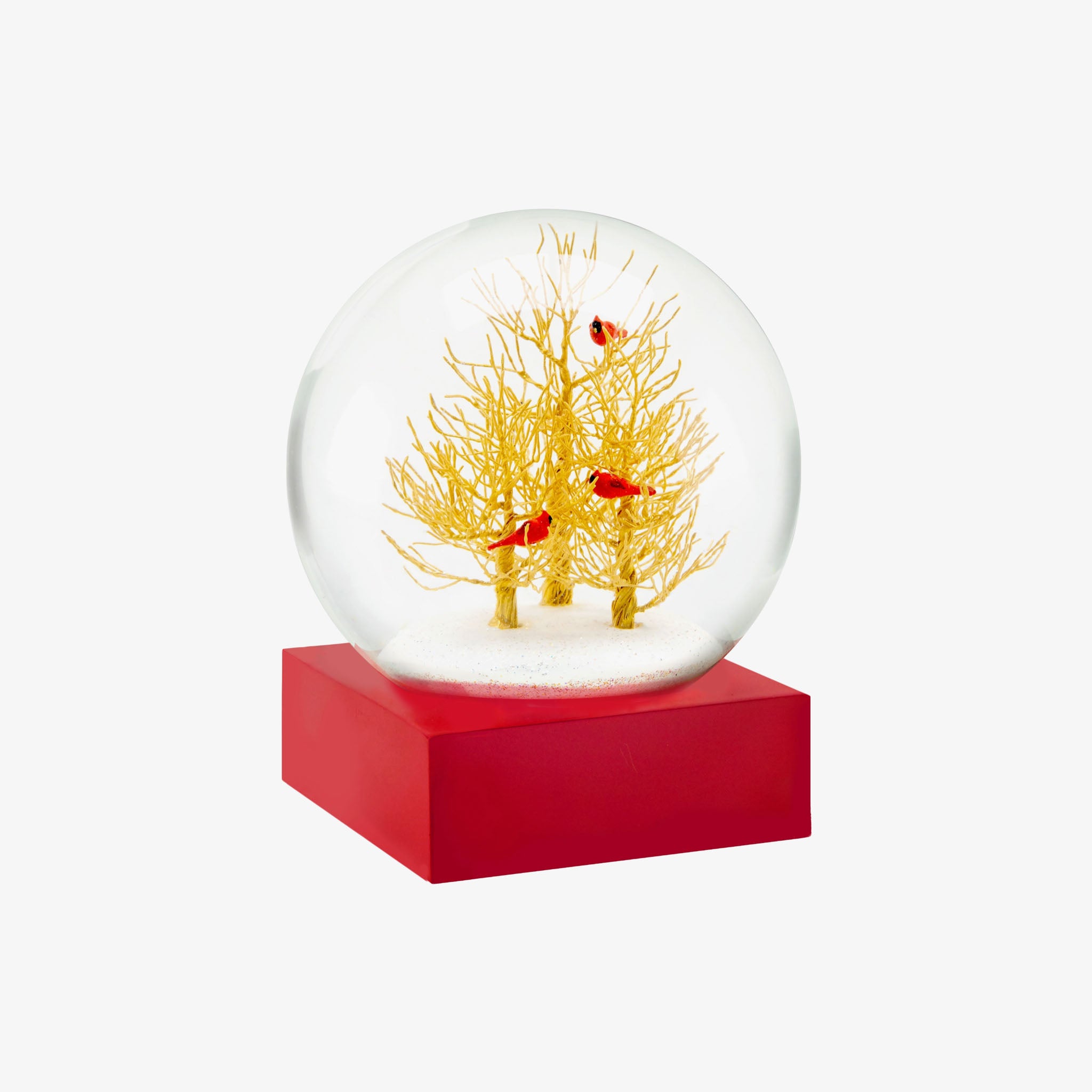 Snow globe with golden trees and three red cardinals on a red base and white background