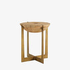 Furniture classics brand Brass Base Grain End Table withRound rustic wood end table with brass toned iron frame base on a white background