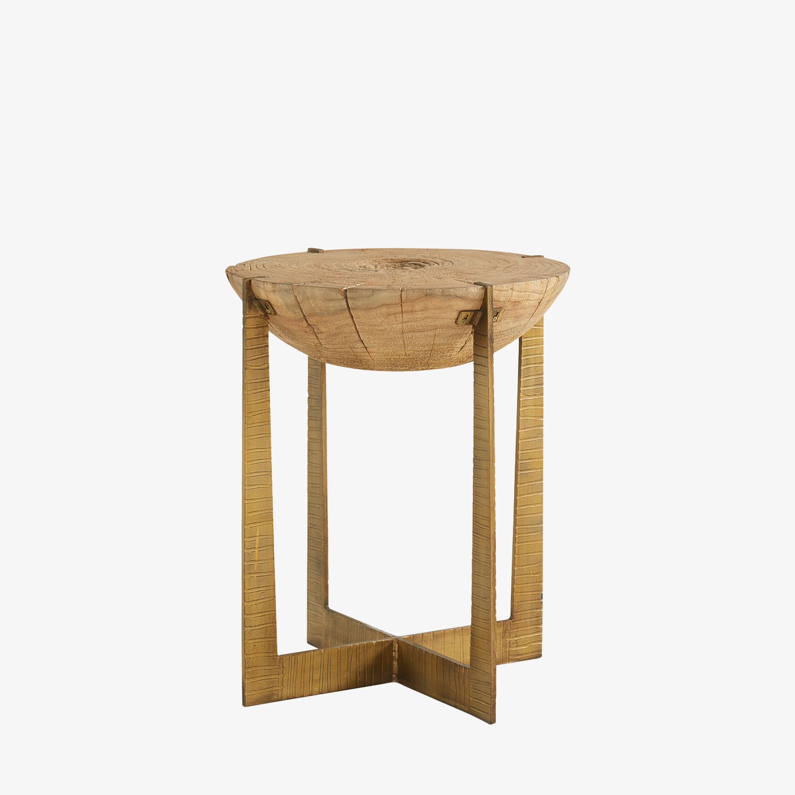 Furniture classics brand Brass Base Grain End Table withRound rustic wood end table with brass toned iron frame base on a white background