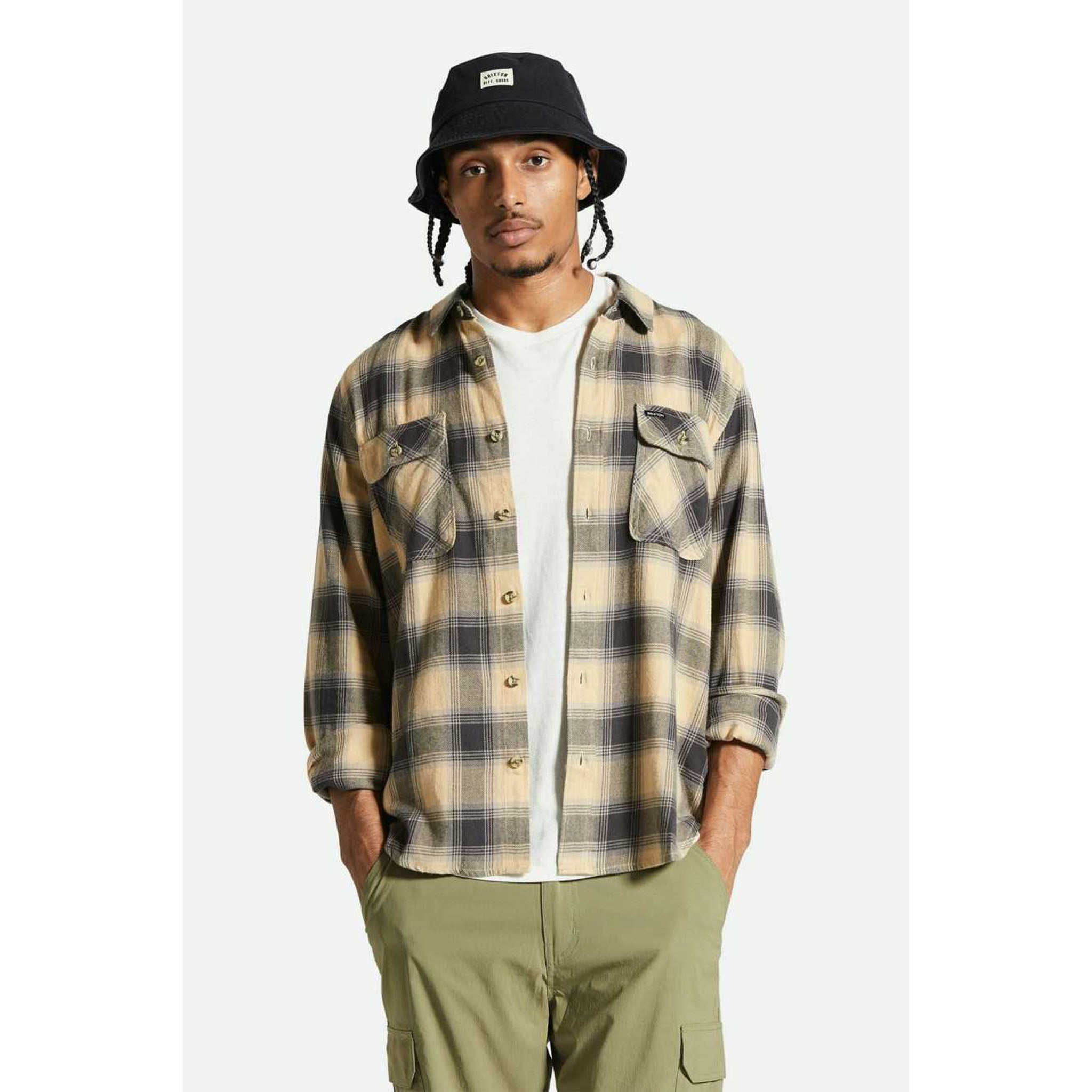 Model wearing Brixton Bowery Men's Light Weight Flannel in Cinder Grey on a white background