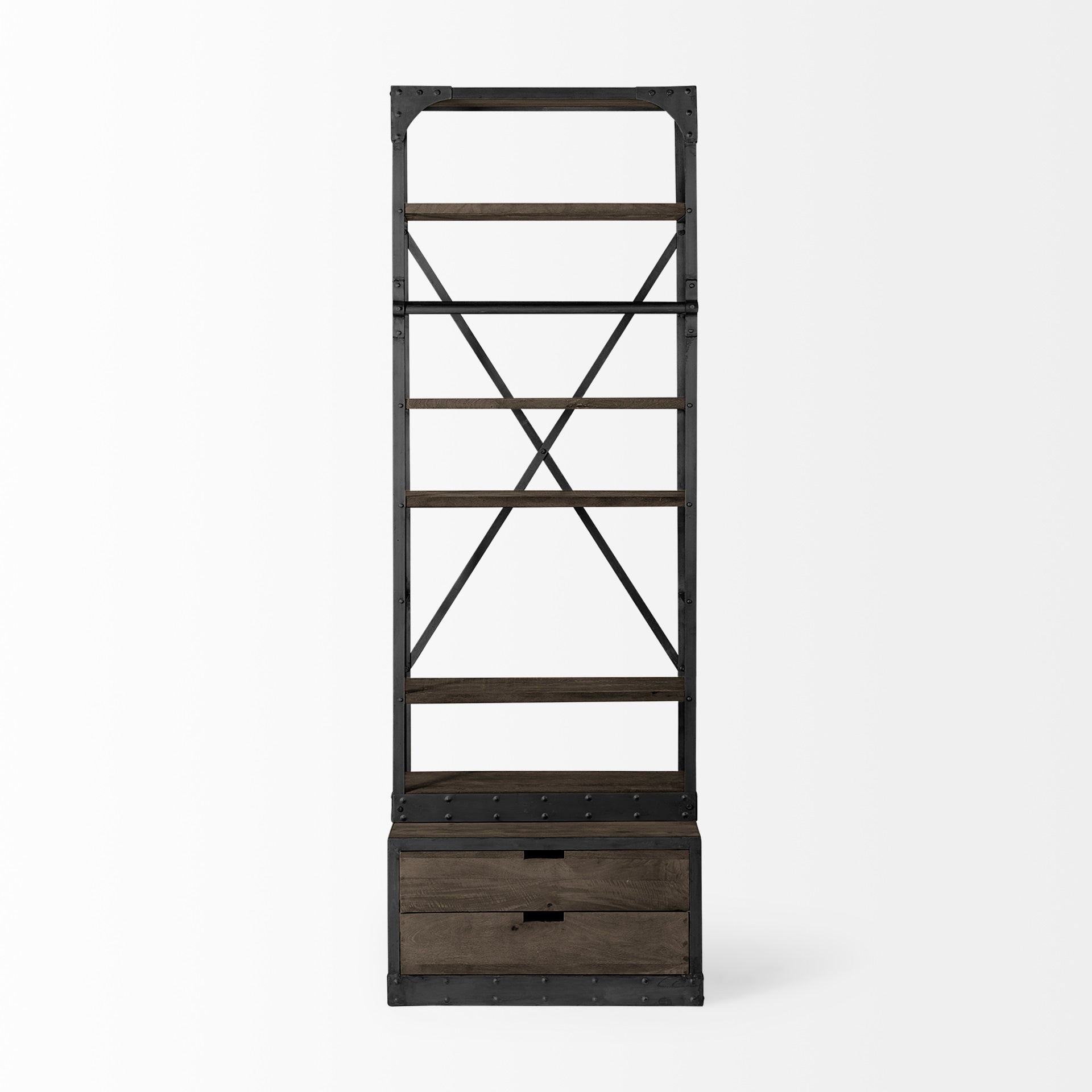 Brodie Dark Brown Wood Gun-Metal Bracing Four Shelf Shelving Unit on a white background