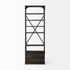 Brodie Dark Brown Wood Gun-Metal Bracing Four Shelf Shelving Unit on a white background