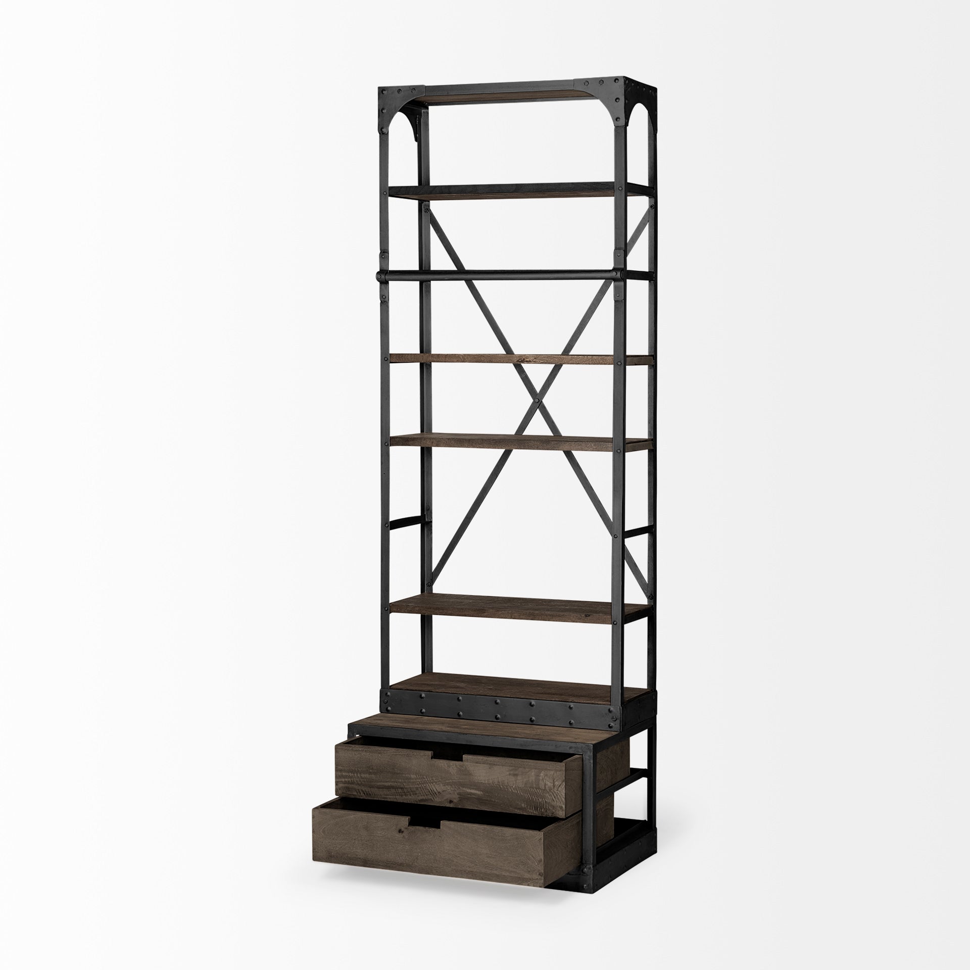 Brodie Dark Brown Wood Gun-Metal Bracing Four Shelf Shelving Unit on a white background