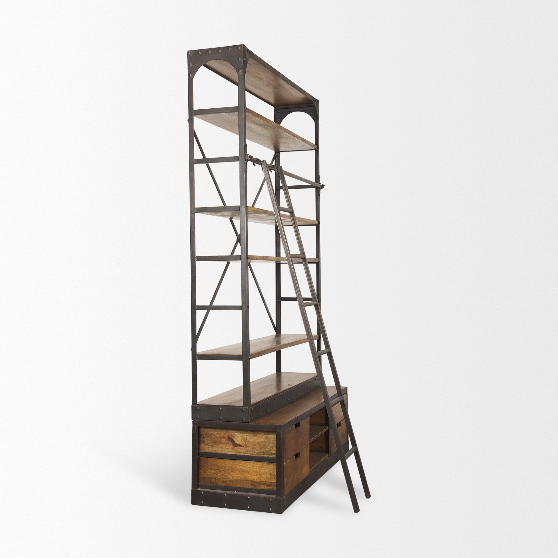 Brodie II Medium Brown Wood Copper Ladder Four Shelf Shelving Unit on a white background