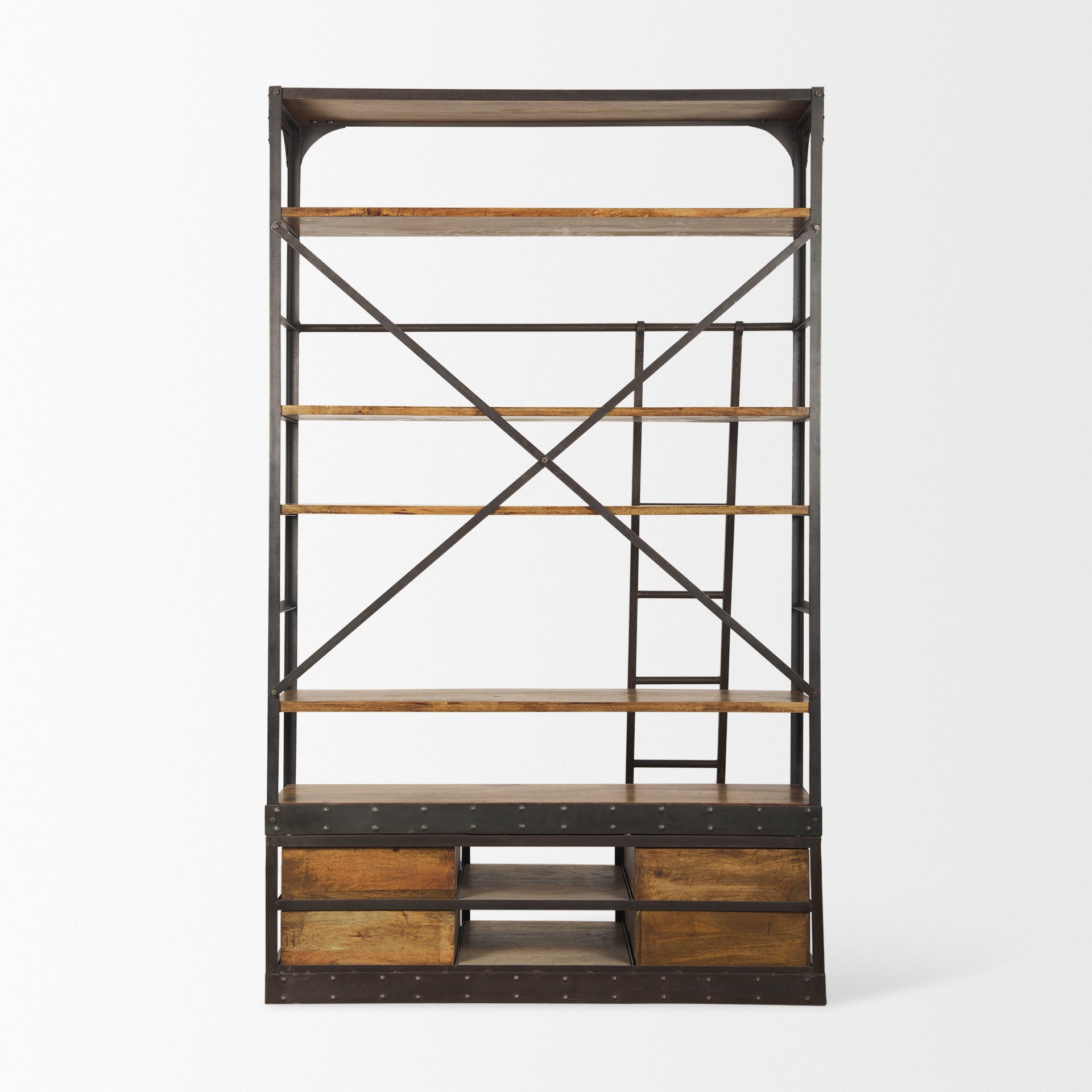 Brodie II Medium Brown Wood Copper Ladder Four Shelf Shelving Unit on a white background