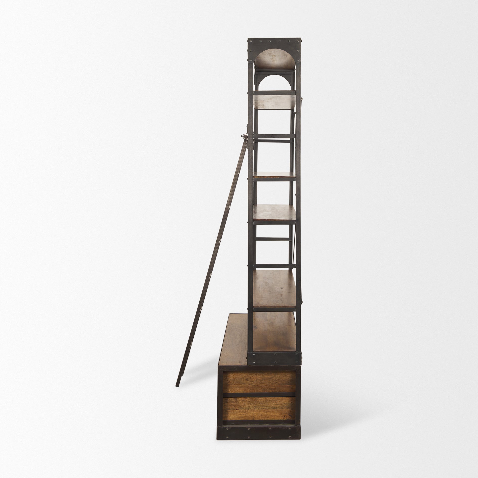 Brodie II Medium Brown Wood Copper Ladder Four Shelf Shelving Unit on a white background