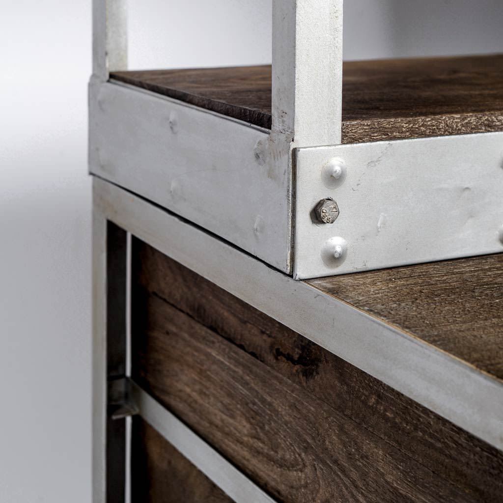 Close up of Brodie Medium Brown Wood Silver Accent Four Shelf Shelving Unit on a white background