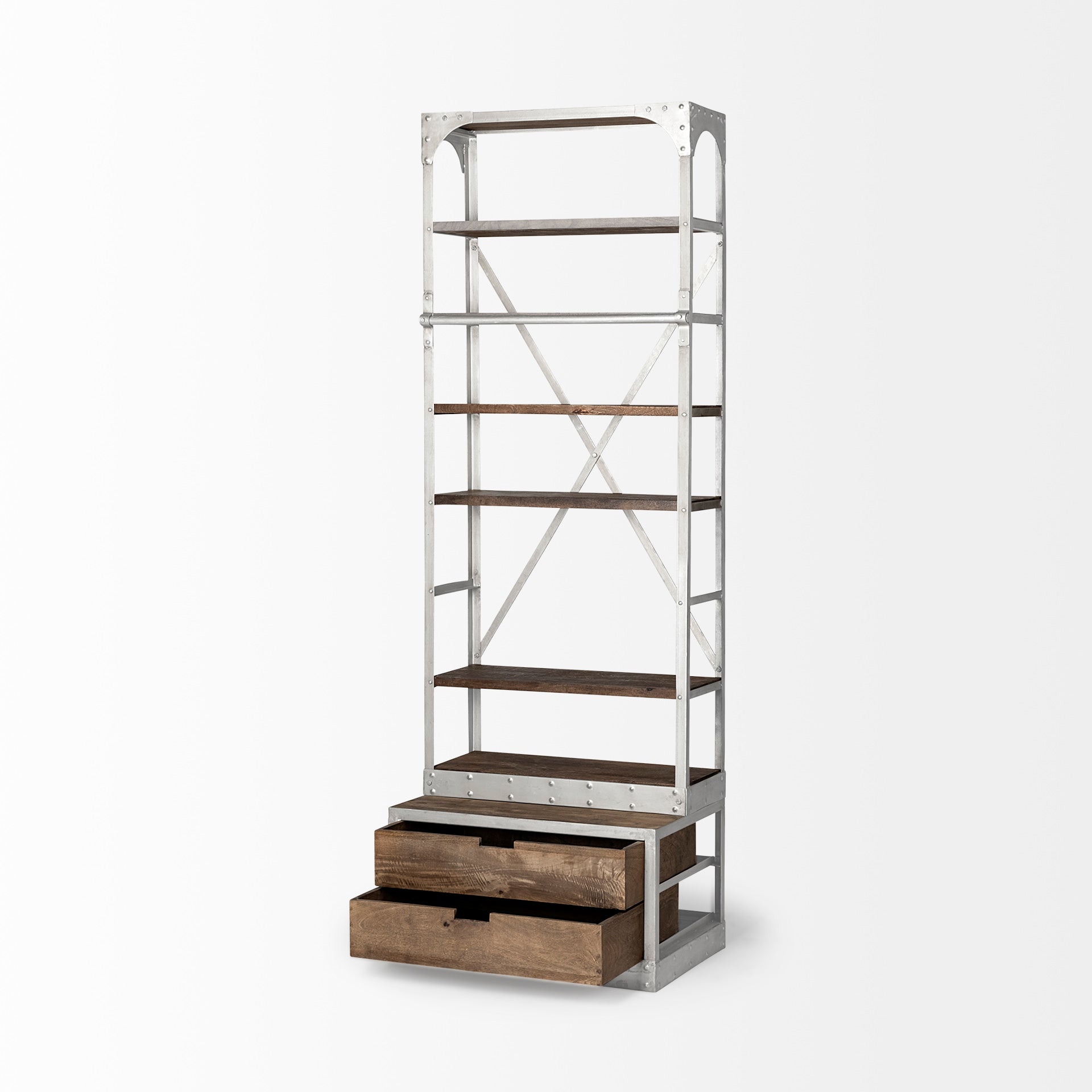 Brodie Medium Brown Wood Silver Accent Four Shelf Shelving Unit on a white background