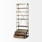 Brodie nickel metal light brown wood bookcase with drawers and a ladder on a white background