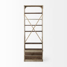 Brodie nickel metal light brown wood bookcase with drawers and a ladder on a white background