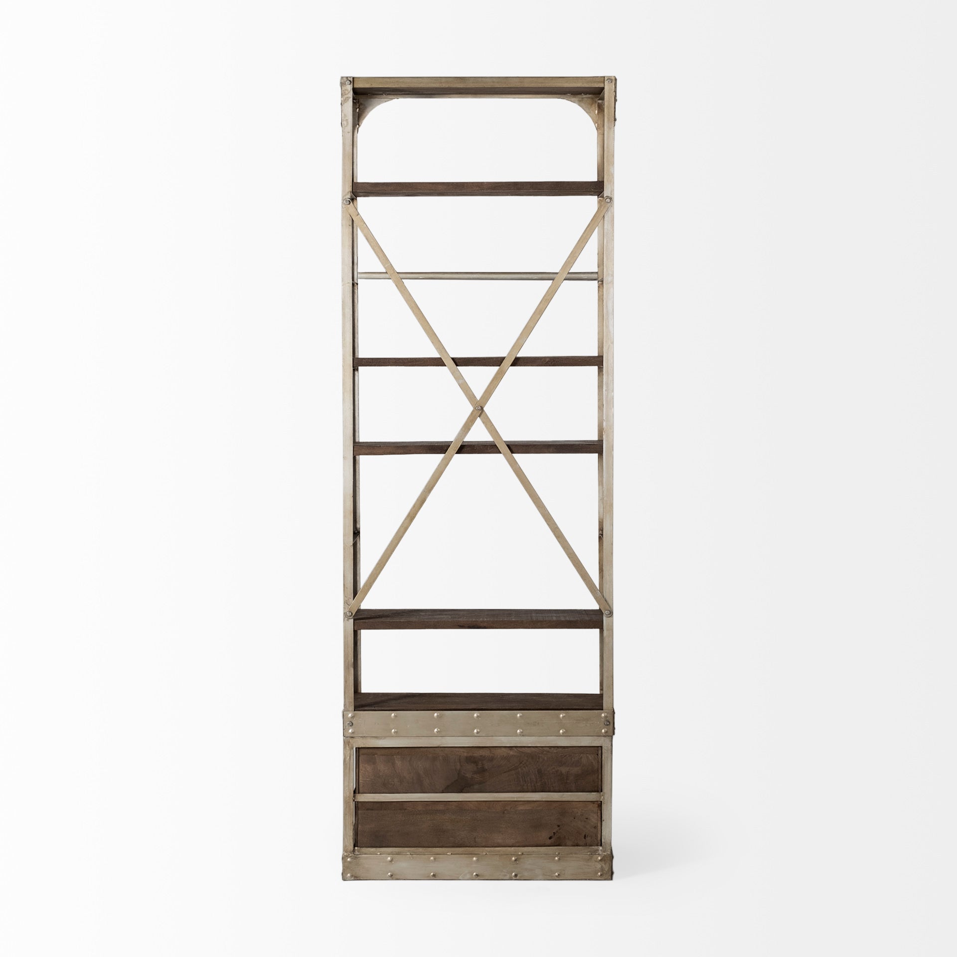 Brodie nickel metal light brown wood bookcase with drawers and a ladder on a white background