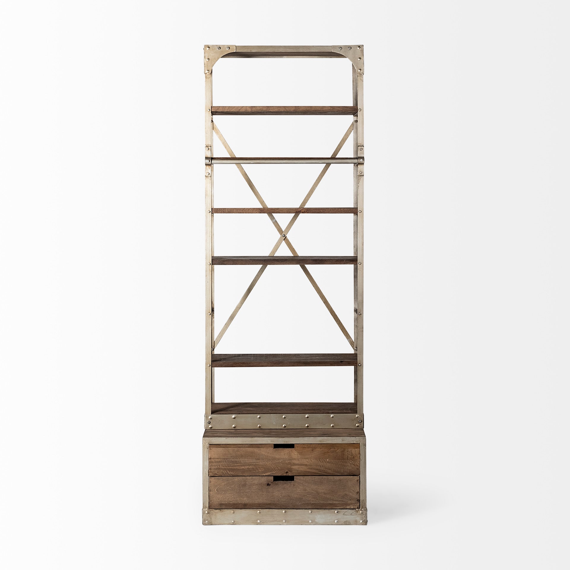 Brodie nickel metal light brown wood bookcase with drawers and a ladder on a white background