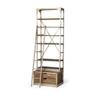 Brodie nickel metal light brown wood bookcase with drawers and a ladder on a white background