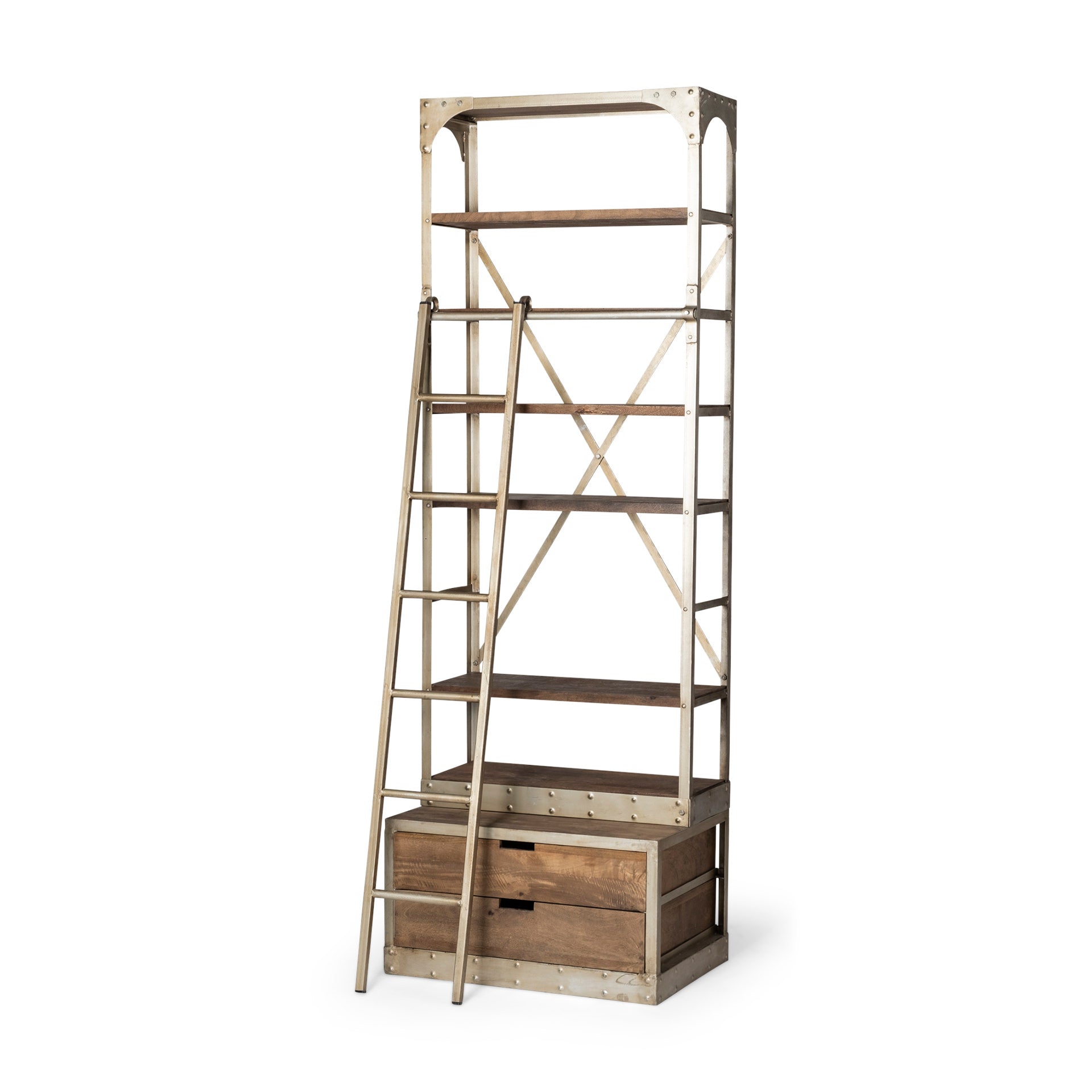 Brodie nickel metal light brown wood bookcase with drawers and a ladder on a white background