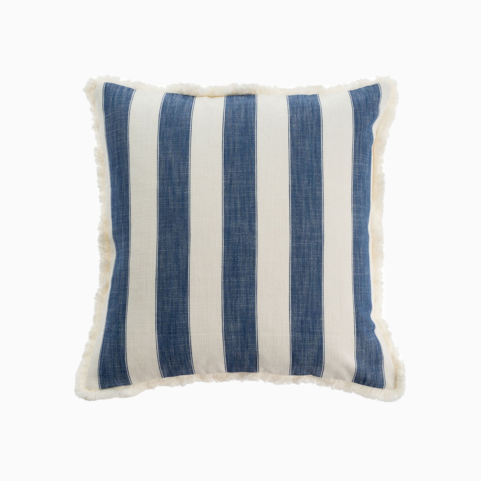 Blue and white stripe square indoor or outdoor pillow on a white background