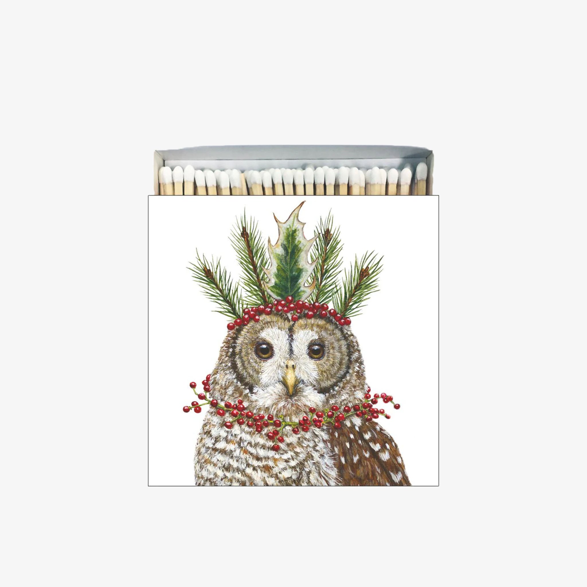 'Candace' paper products designs square match box with owl with pine crown on a white background