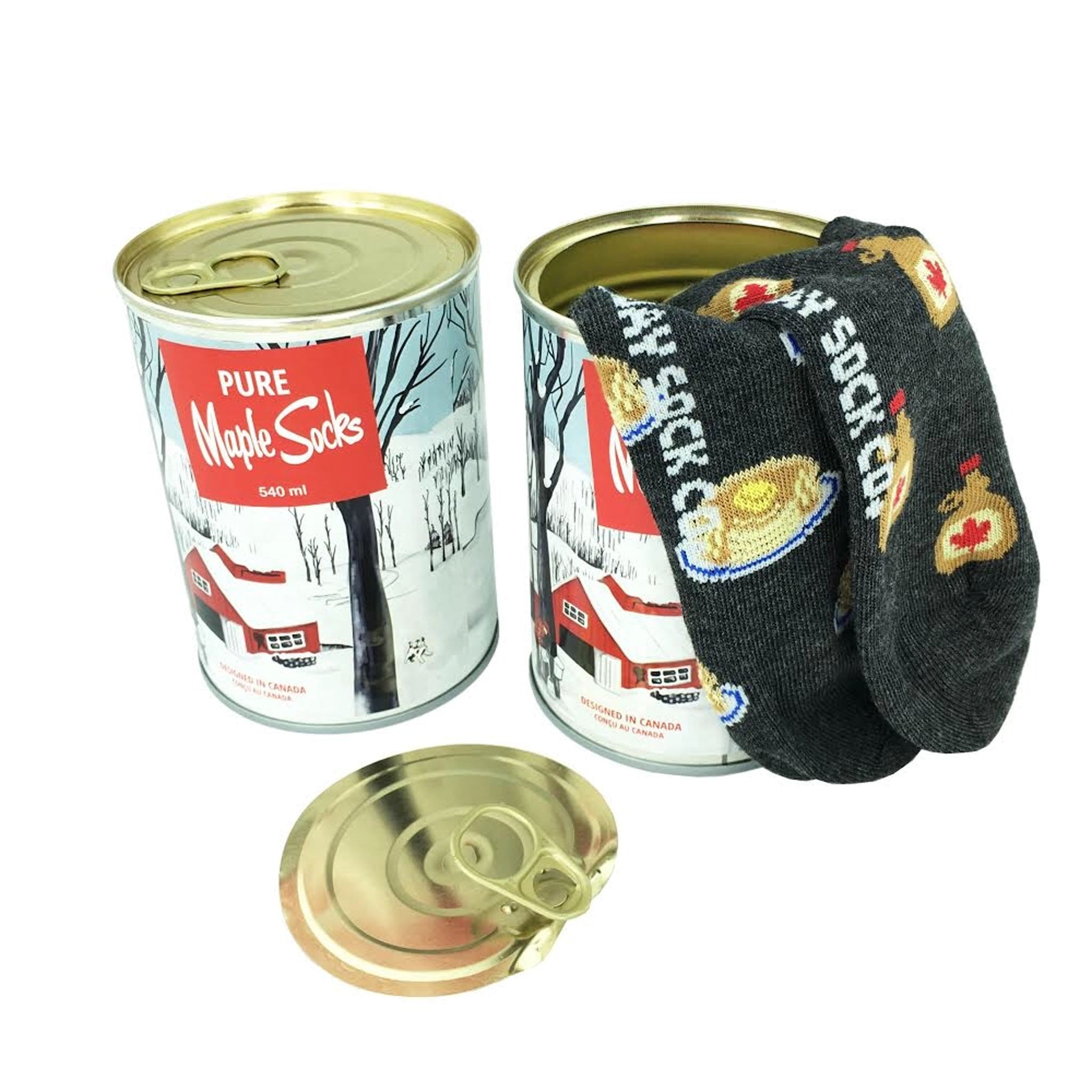 Mismatched Men's Socks in a decorative tin can with pancakes and syrup on a white background