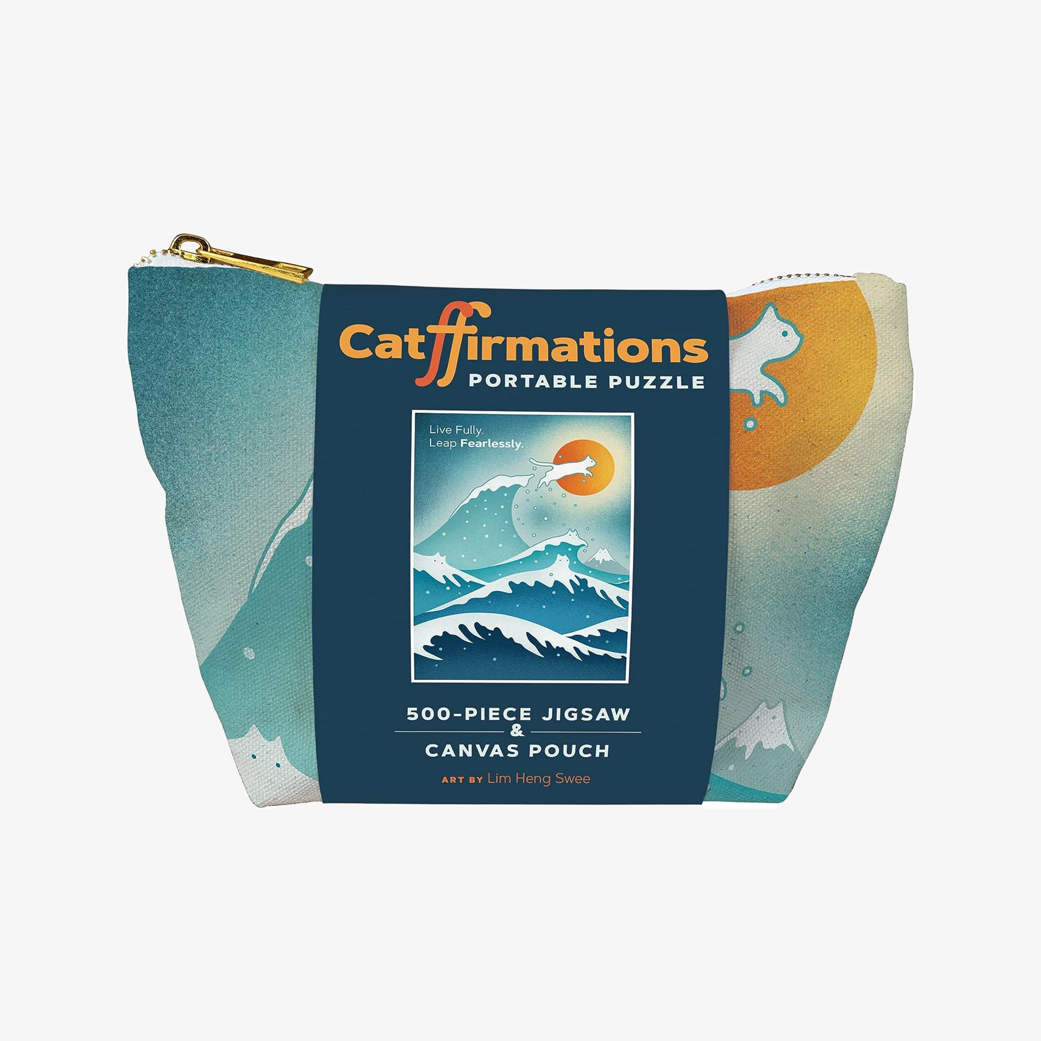 Cattfirmations Portable Puzzle in illustrated blue and orange pouch on a white background