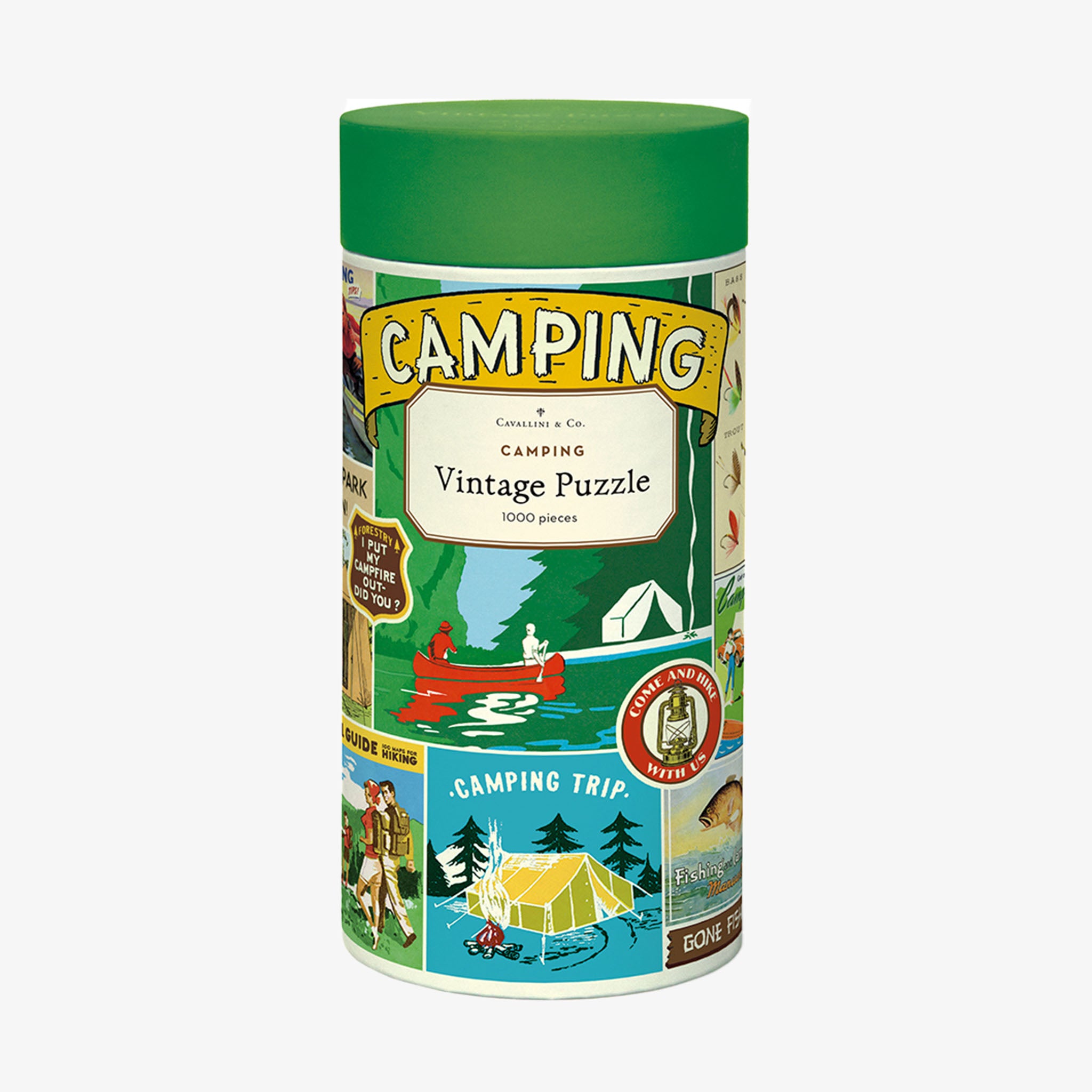 Cavallini Paper Camping Puzzle cardborad tube with camping illustrations on a white backrgound