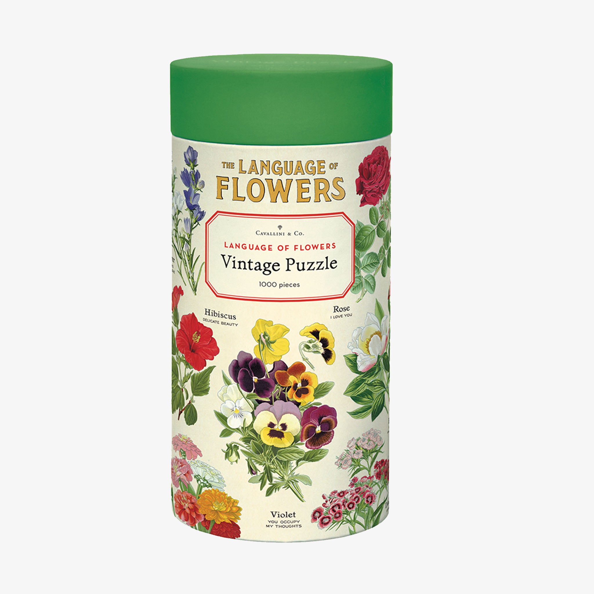 Cavallini Paper Language of Flowers Puzzle in round tube canister with images of vintage flowers and a green lid on a white background