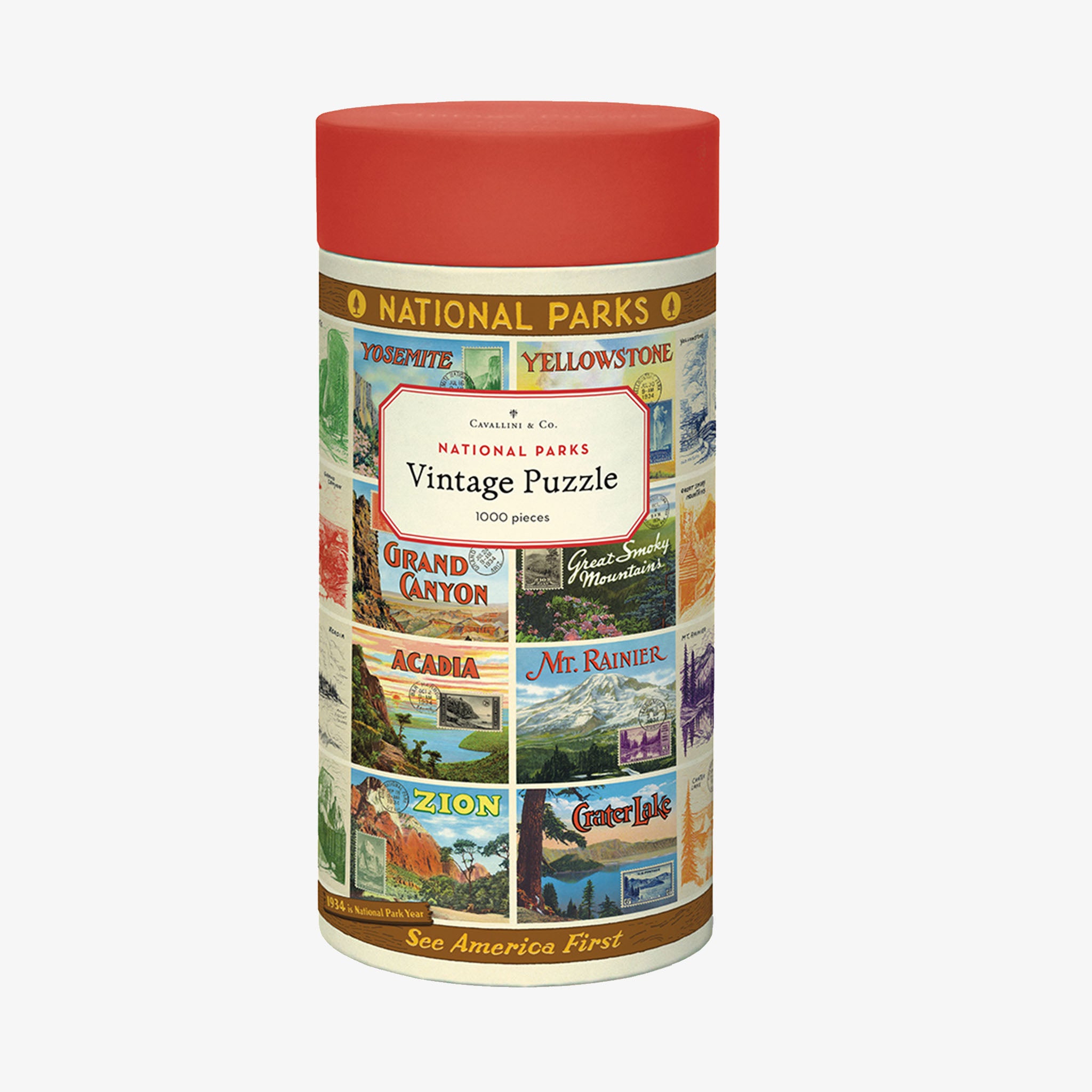 Cavallini Paper National Parks II Puzzle in a round tube canister on a white background