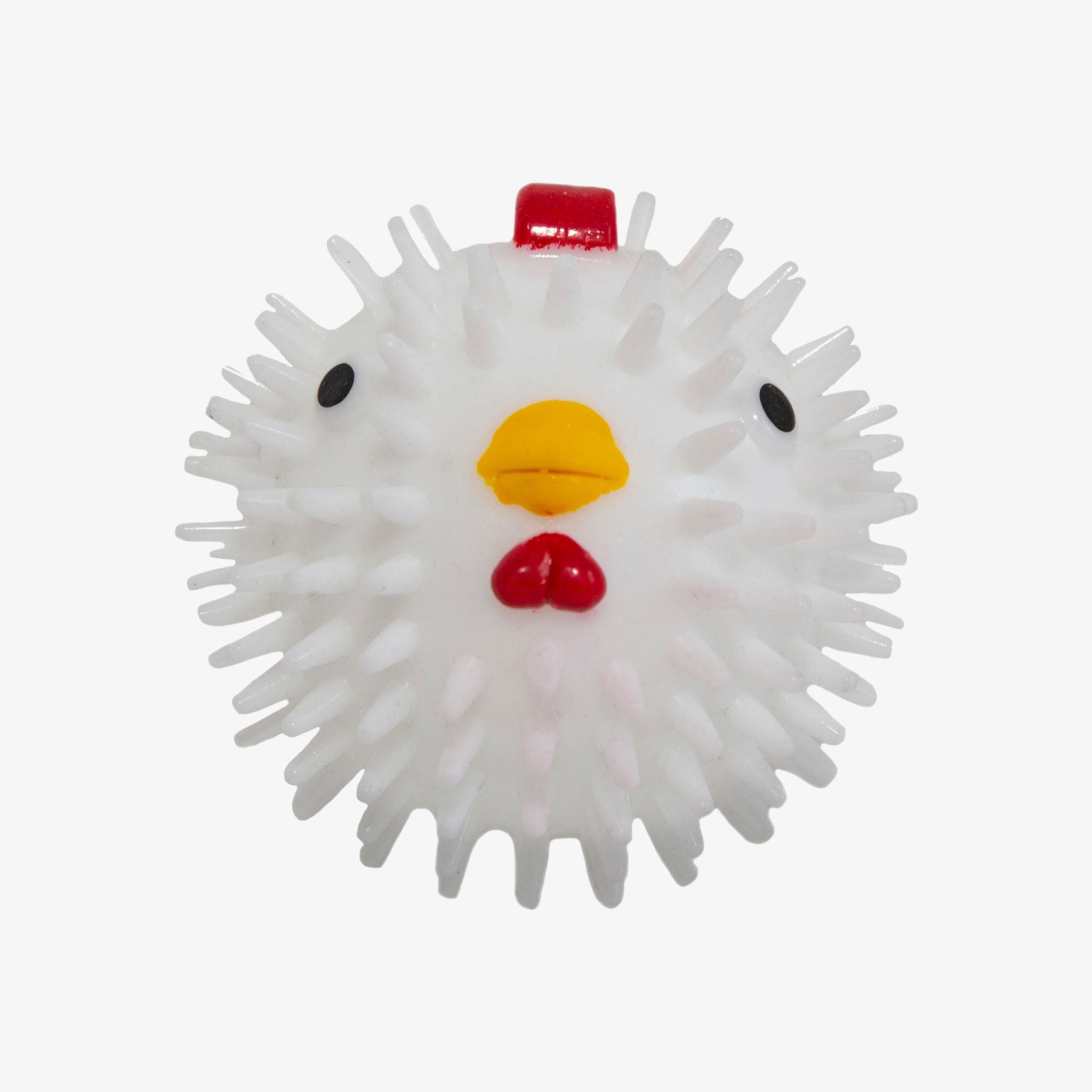 Kikkerland white chicken dog ball with yellow beak and black eyes on a white background