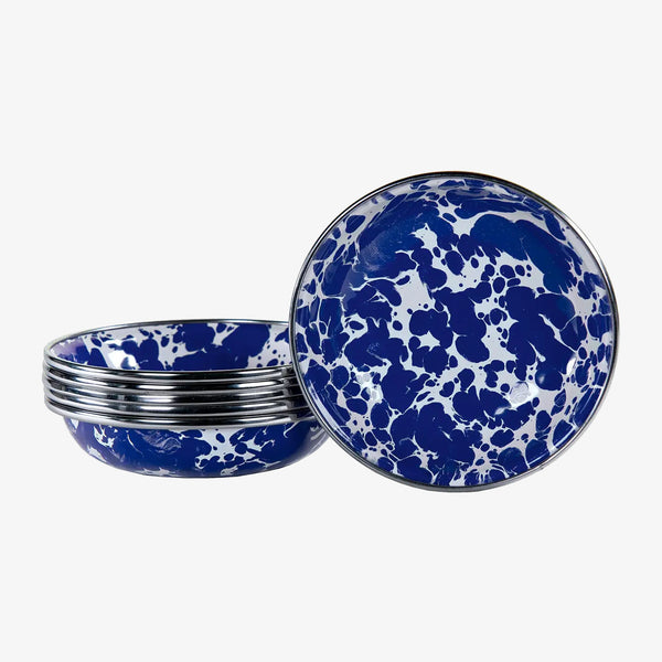 Golden Rabbit brand blue and white cobalt swirl Enamel Tasting Dishes on a white background
