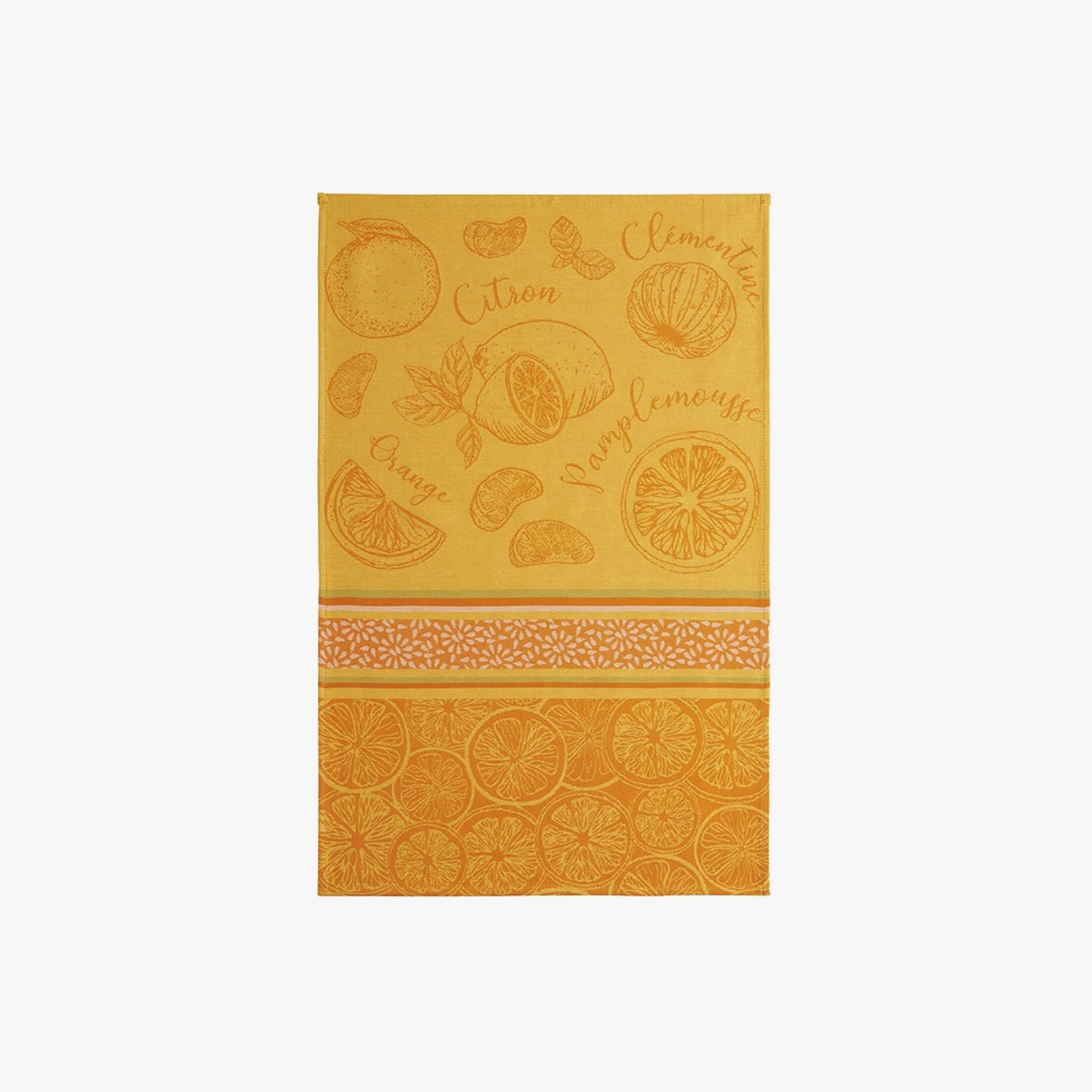 Orange and Yellow Citrus French Jacquard Tea Towel on a white background