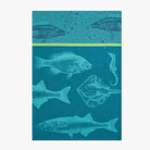 Blue with printed fish French Jacquard Tea Towel on a white background