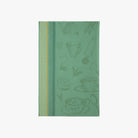 Green printed French Jacquard Tea Towel with images of tea cups and tea on a white background