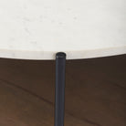 Round Marble Top Coffee Table with Dark Brown shelf and black iron frame on a white background