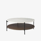 Round Marble Top Coffee Table with Dark Brown shelf and black iron frame on a white background