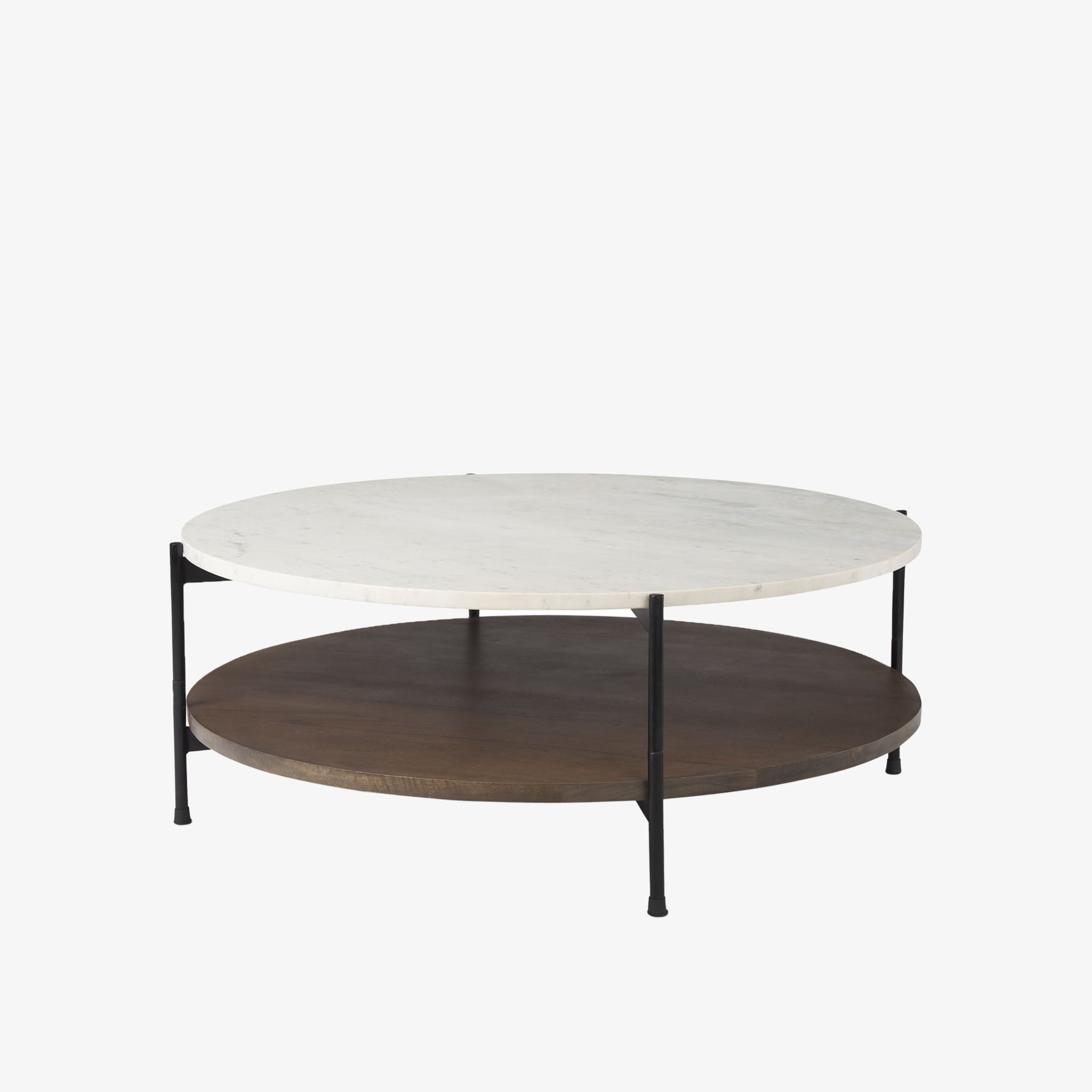 Round Marble Top Coffee Table with Dark Brown shelf and black iron frame on a white background