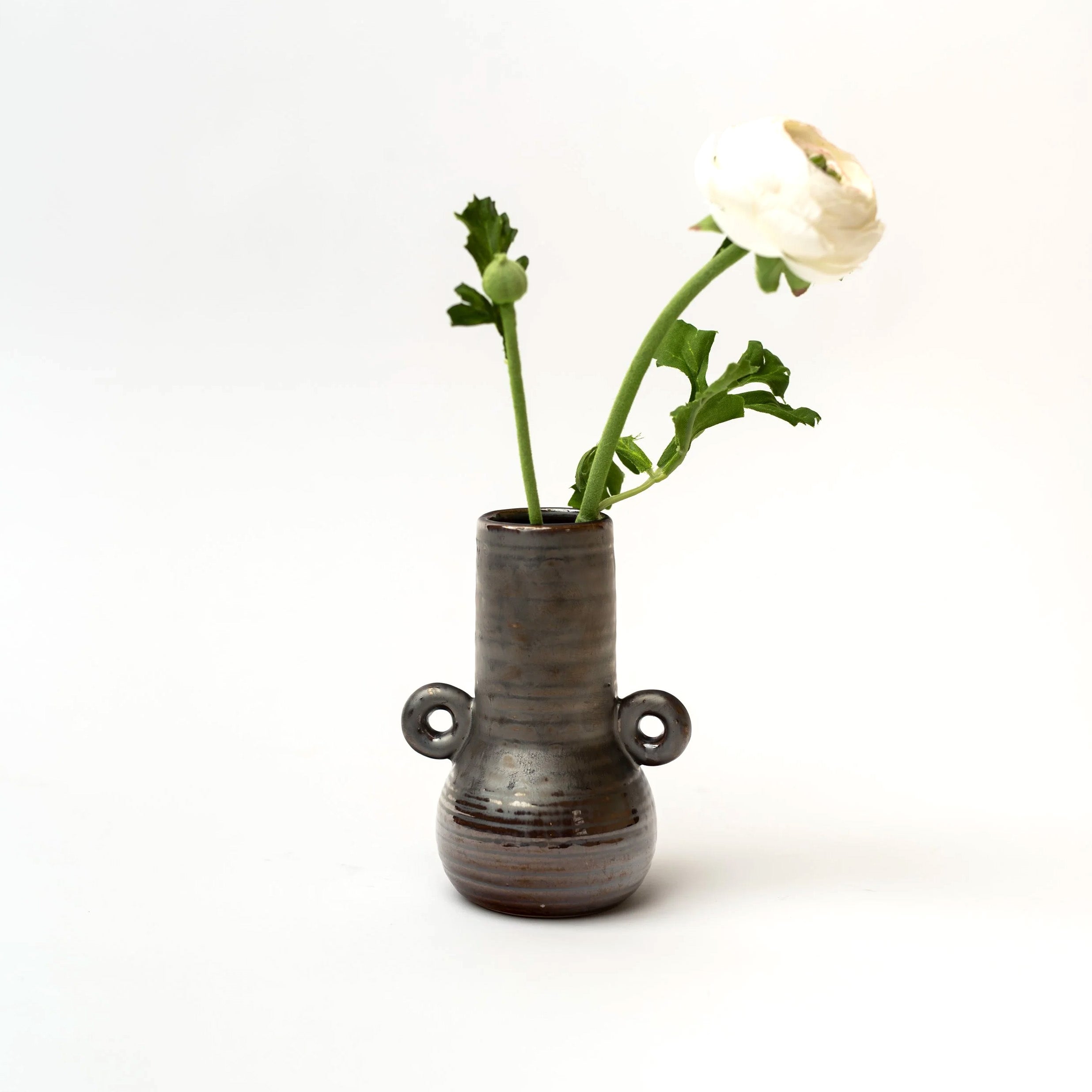 Black bud vase with loop accents holding a white flower on a. white background