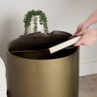 Eclipse Gold Metal Drum Base with Dark Brown Wood Top End/Side Table with someone putting a book inside it