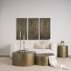 Eclipse Gold Metal Drum Base with Dark Brown Wood Top Nested Coffee Table in a living room