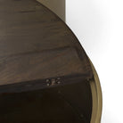 Close up of Eclipse Gold Metal Drum Base with Dark Brown Wood Top Nested Coffee Table on a white background