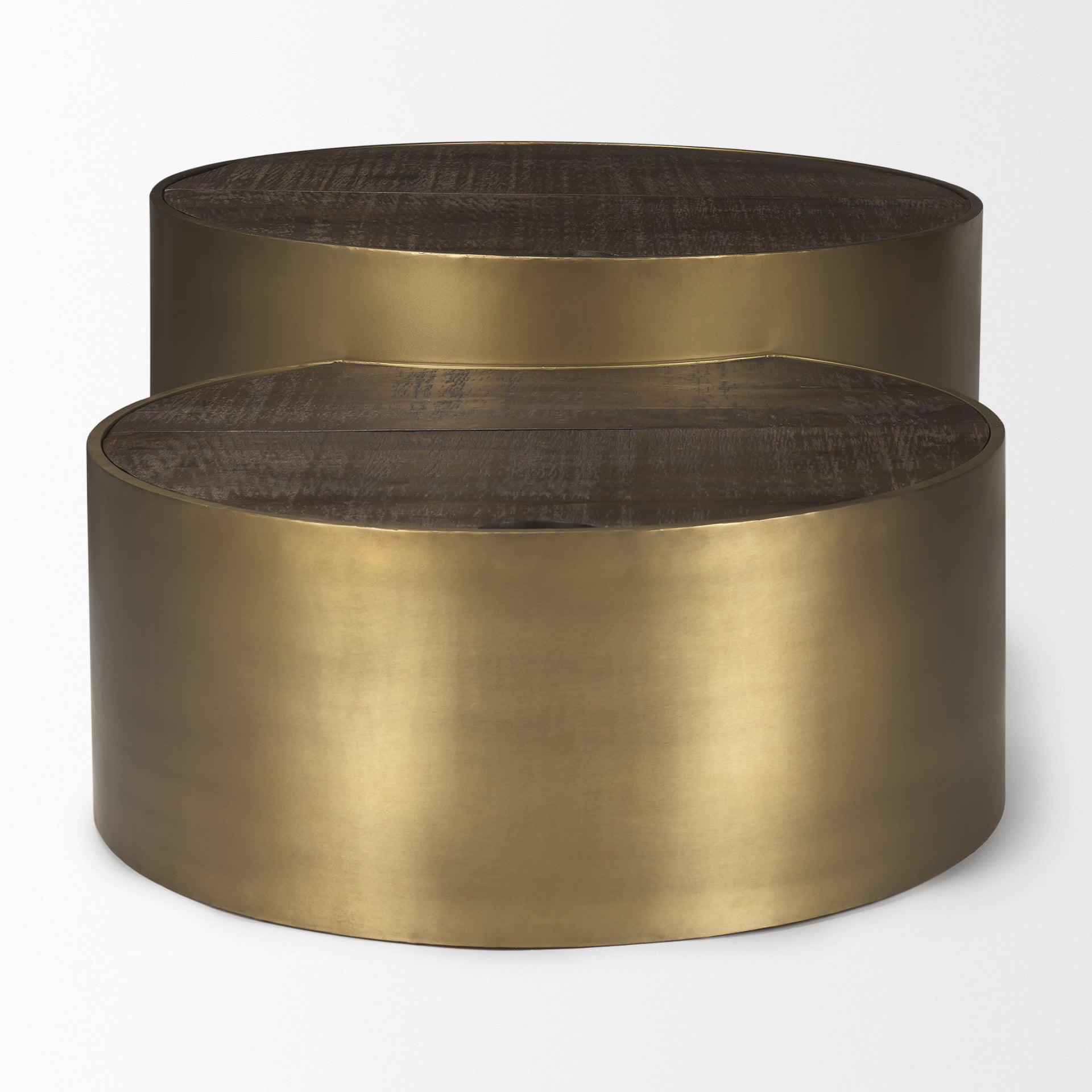 Eclipse Gold Metal Drum Base with Dark Brown Wood Top Nested Coffee Table on a white background