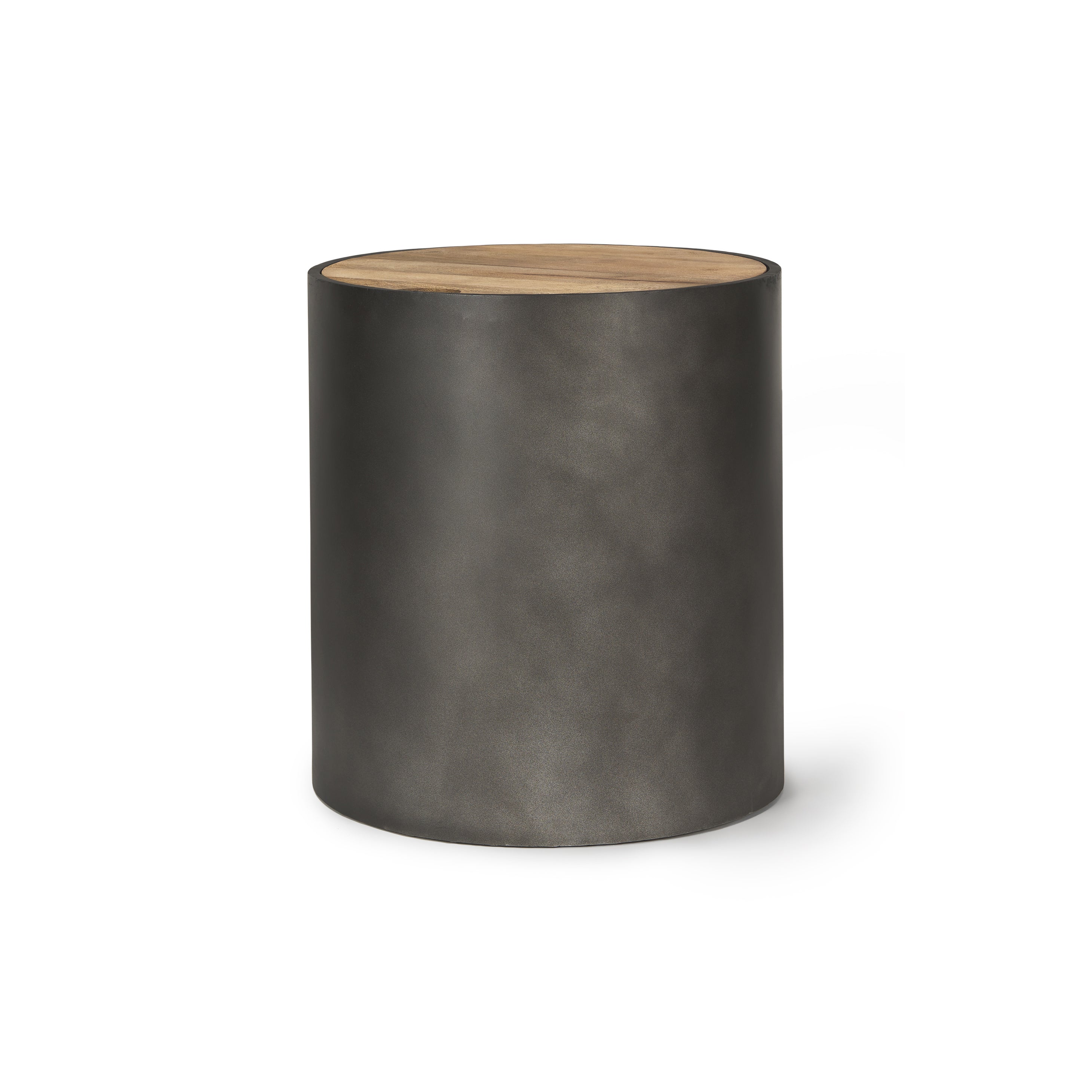 Eclipse Gunmetal Gray metal iron Drum Base with mango Wood Top End Side Table on a white background