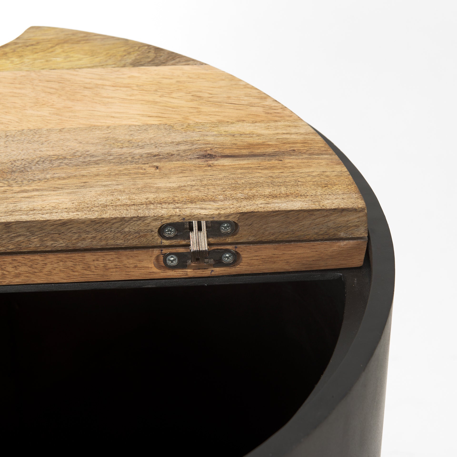 Close up of Eclipse Gunmetal Gray metal iron Drum Base with mango Wood Top storage open End Side Table on a white background