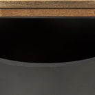 Close up of Eclipse Gunmetal Gray metal iron Drum Base with mango Wood Top storage open End Side Table 