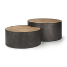 Pair of Eclipse Gunmetal Gray Drum Base with Brown Wood Top Nested Coffee Tables on a white background