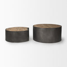 Pair of Eclipse Gunmetal Gray Drum Base with Brown Wood Top Nested Coffee Tables on a white background