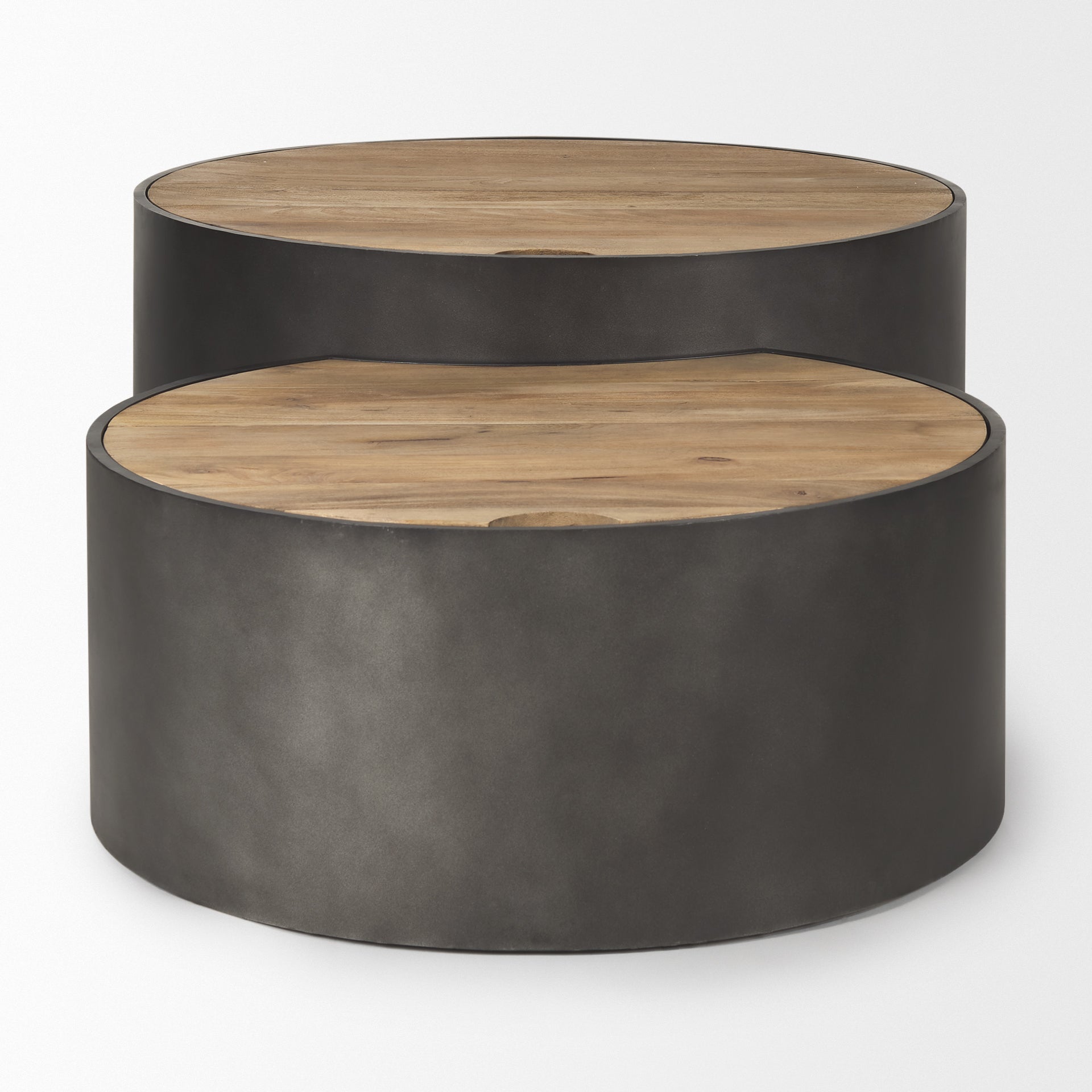 Pair of Eclipse Gunmetal Gray Drum Base with Brown Wood Top Nested Coffee Tables on a white background