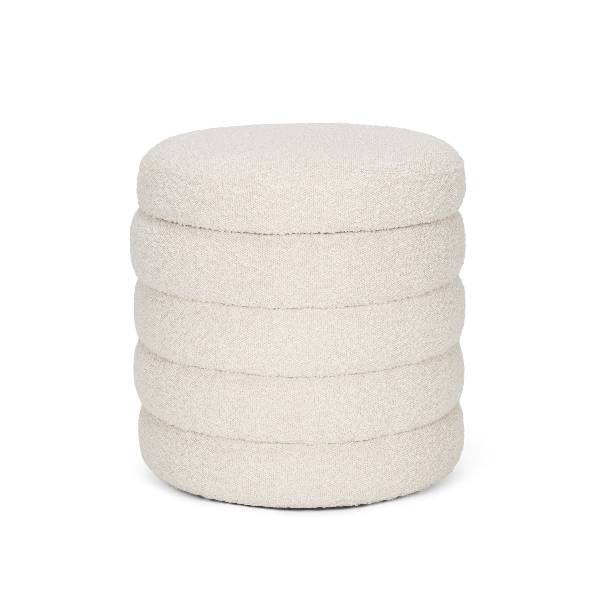 Elise Round Cream Boucle Upholstered Storage Ottoman with removable lid and interior storage on a white background