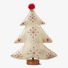 Embroidered Wool tree in  white with red stitching on a white background