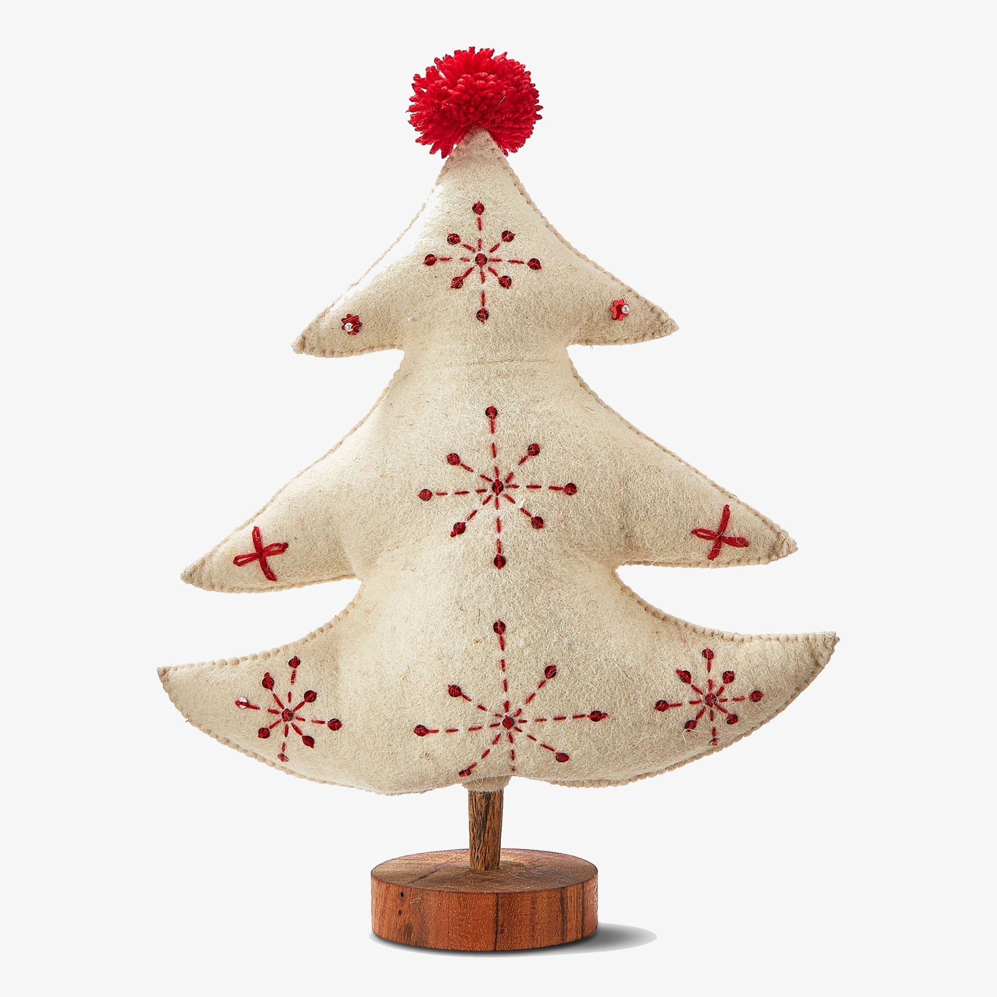 Embroidered Wool tree in  white with red stitching on a white background