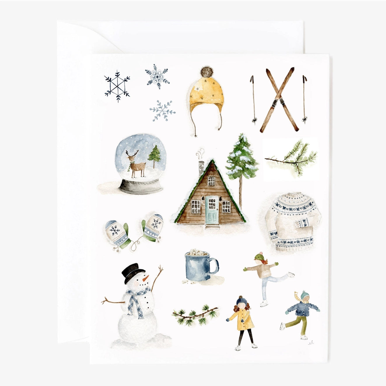 Emily Lex winter water color note card with A frame and snow globe and skis and sweater 